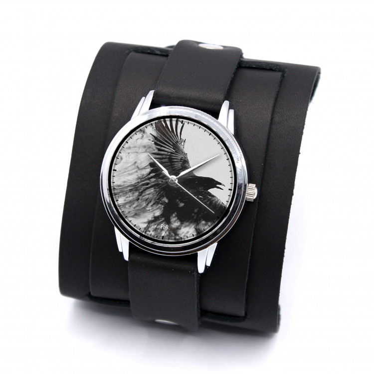 Наручные часы Dark Raven с чёрным вороном на широком браслете Артикул: DRVW541BL