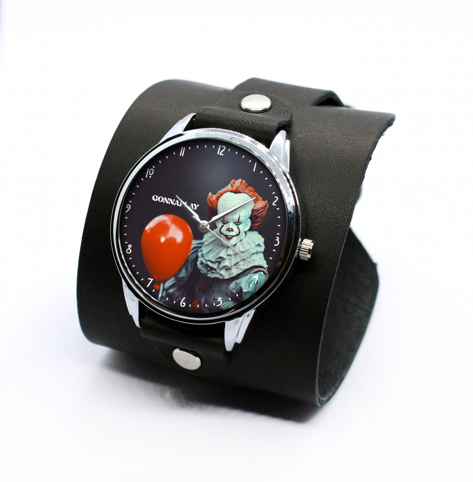 Наручний годинник Клоун на широкому чорному ремінці напульснику